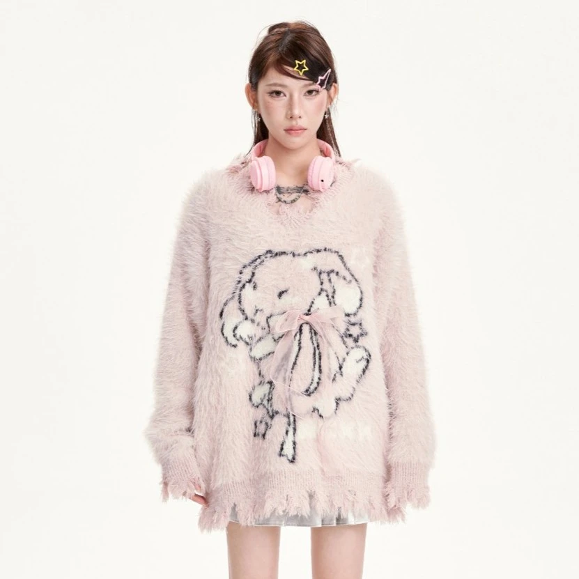 NCXK-重磅900克兔子甜酷蝴蝶结毛衣不规则下摆破坏针织衫MY150