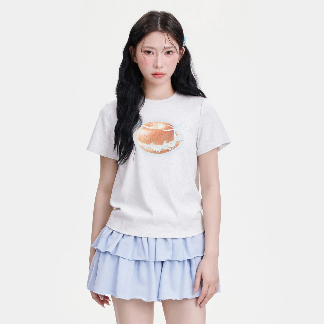 【清清】NCXK趣味丝带面包印花修身短袖正肩显瘦短款T恤夏季DX099