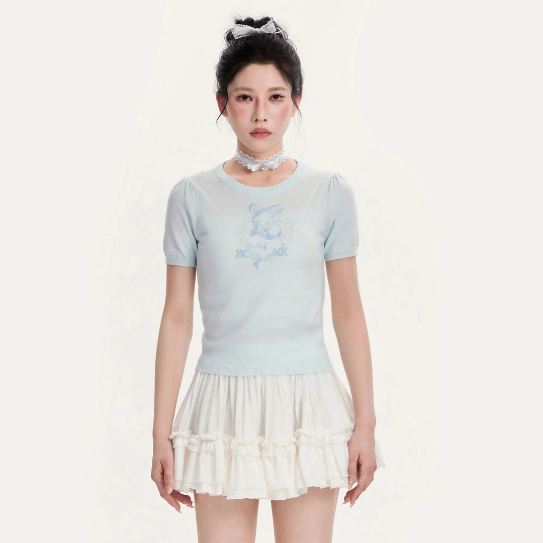 NCXK软萌兔子蝴蝶结刺绣短袖针织衫短款修身泡泡袖DX02