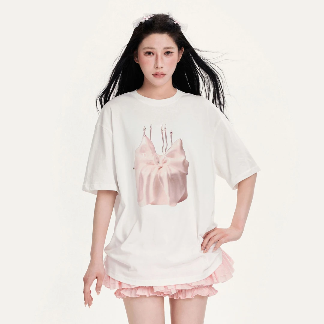 【清清】NCXK甜美蝴蝶结蛋糕印花短袖T恤手工钉钻宽松半袖DX026