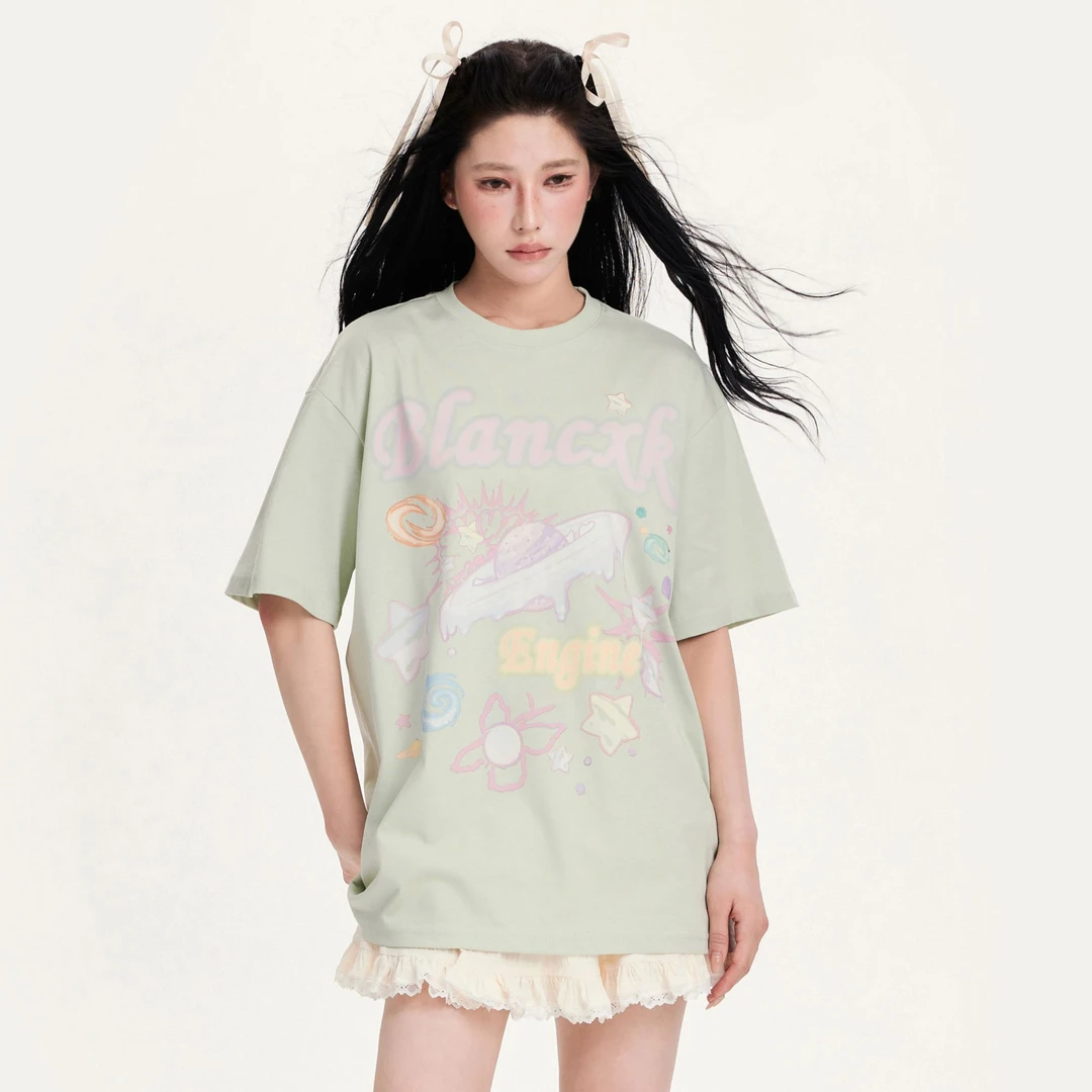 【清清】NCXK宇宙飞船大作战手绘印花短袖T恤宽松春夏DX009