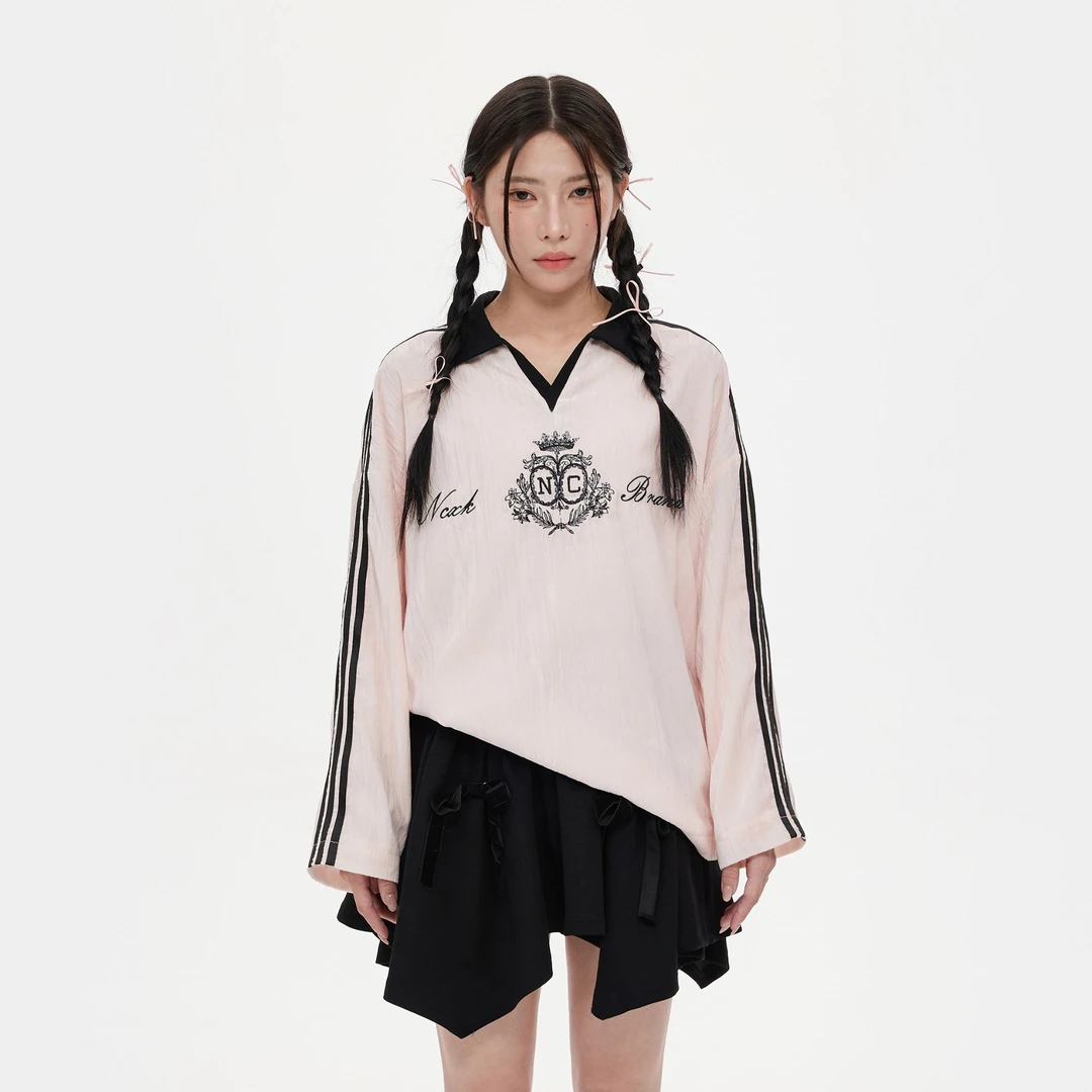 【清清】NCXK美式三道杠刺绣丝绒球衣女卫衣POLO领显瘦甜酷CX241