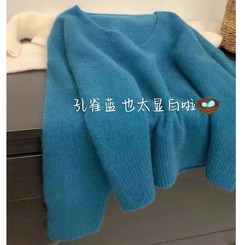 孔雀蓝v领套头毛衣女秋冬新款慵懒风外穿针织衫软糯短款套头上衣
