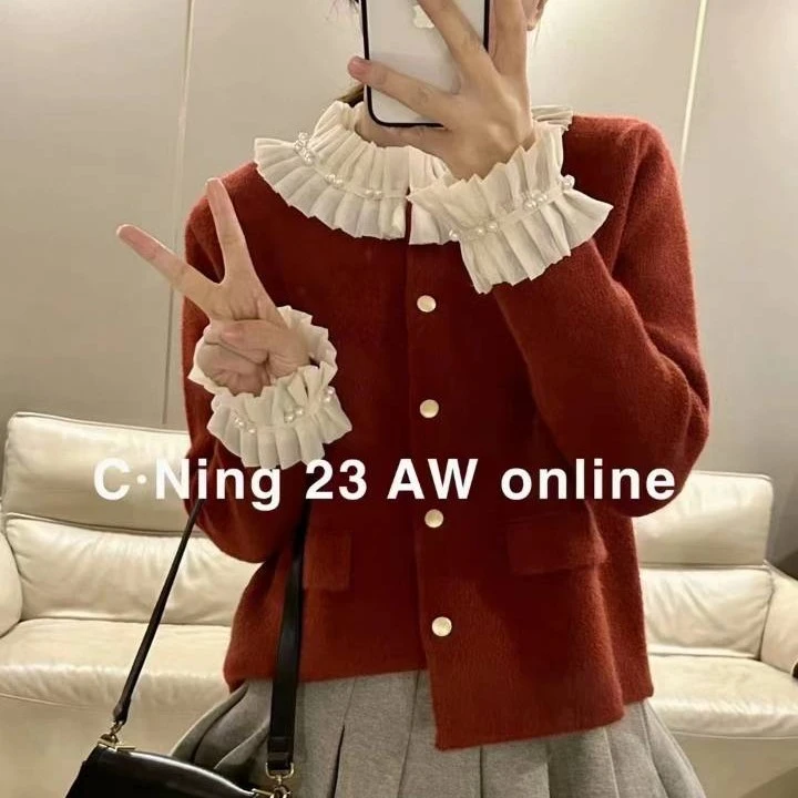 2023年秋冬新款法式复古小香风开衫毛衣女韩版小众木耳花边上衣潮