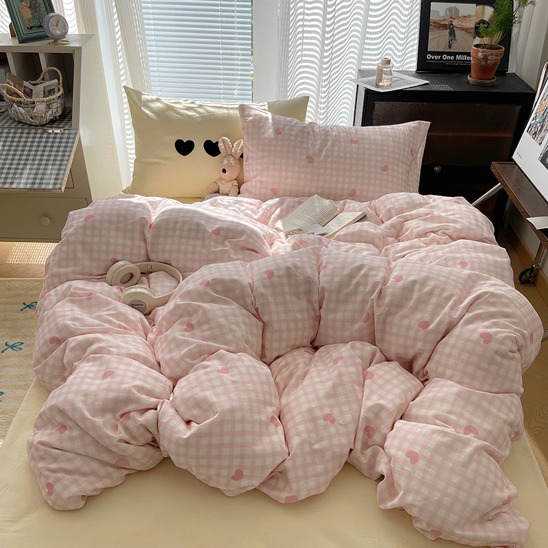 【甜心系列】新款纯棉A类四件套水洗棉简约格子绣花学生宿舍三件套