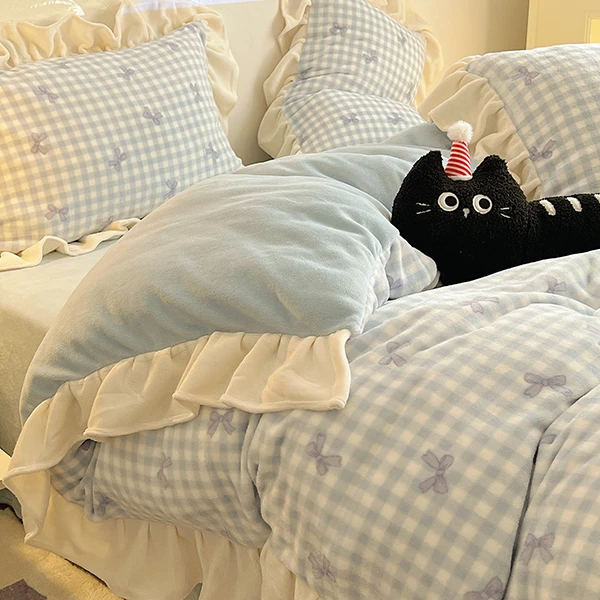 A类ins床单床上韩版花边加厚牛奶绒四件套绒花边奶油蝴蝶结蓝