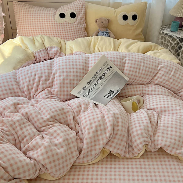 A类ins加厚双面毛巾绣大眼萌撞色牛奶绒单人三件套双人床单四件套