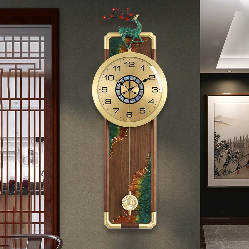 新中式黄铜家用装饰挂钟轻奢客厅胡桃木创意钟表别墅静音挂墙表75