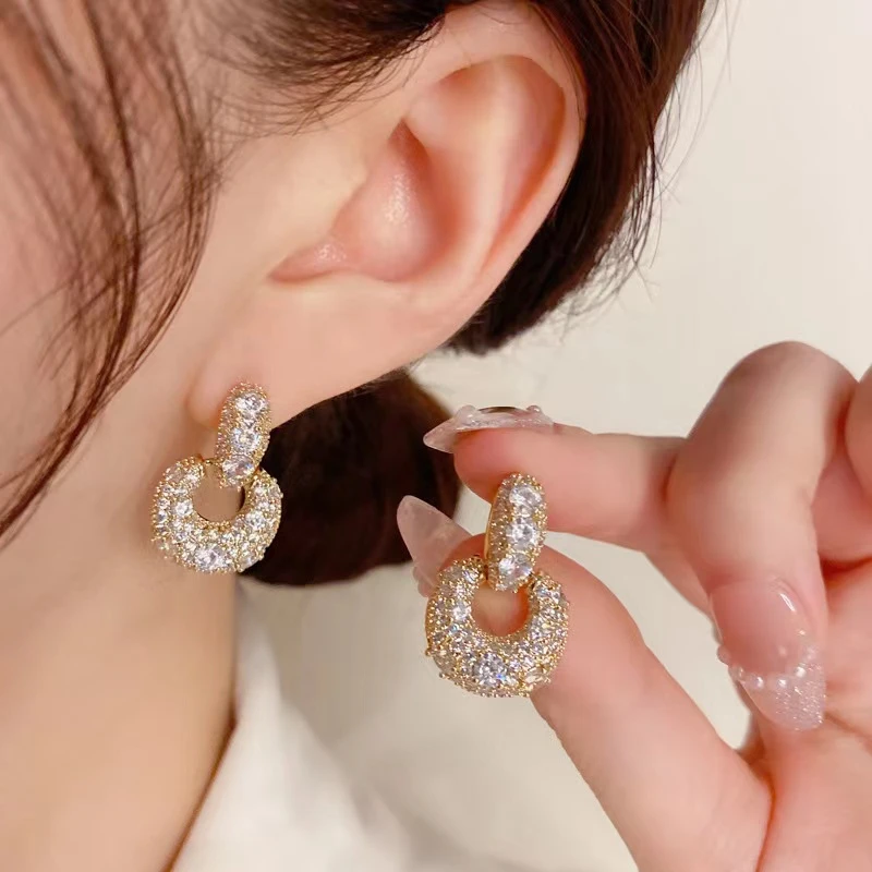 铜合金耳饰 小众设计感简约百搭几何满钻耳扣耳饰女8731