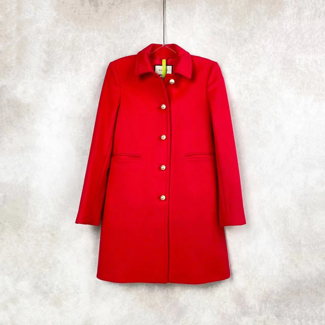 95新 GUCCI/古驰 21589 羊毛 红色珍珠扣大衣 36码