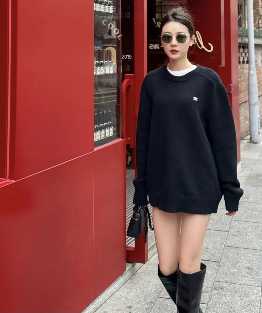 95新 Celine/思琳  16486 羊毛 刺绣logo毛衣 m码