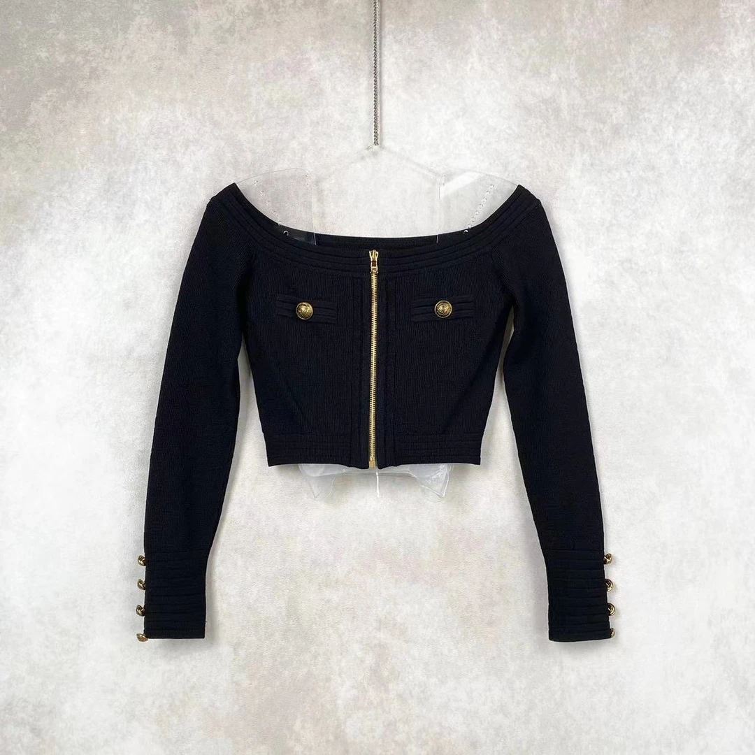 18365 Balmain 巴尔曼 黑色金扣一字肩上衣 36码