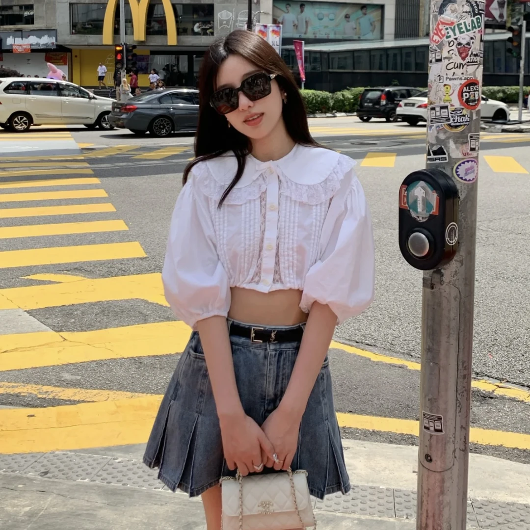 95新 MIU MIU/缪缪  aa0510 棉 娃娃领蕾丝短上衣 40码  95新