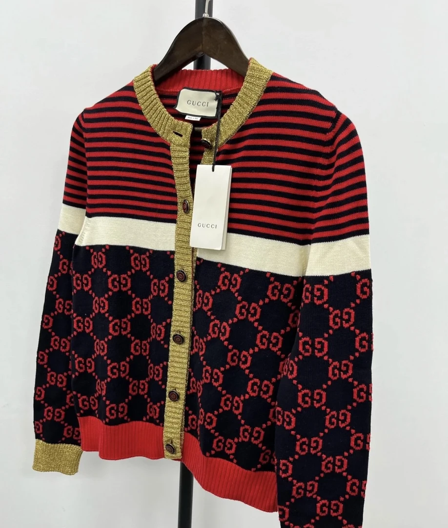 95新 GUCCI/古驰  22044 条纹金丝满印开衫 m码  95新