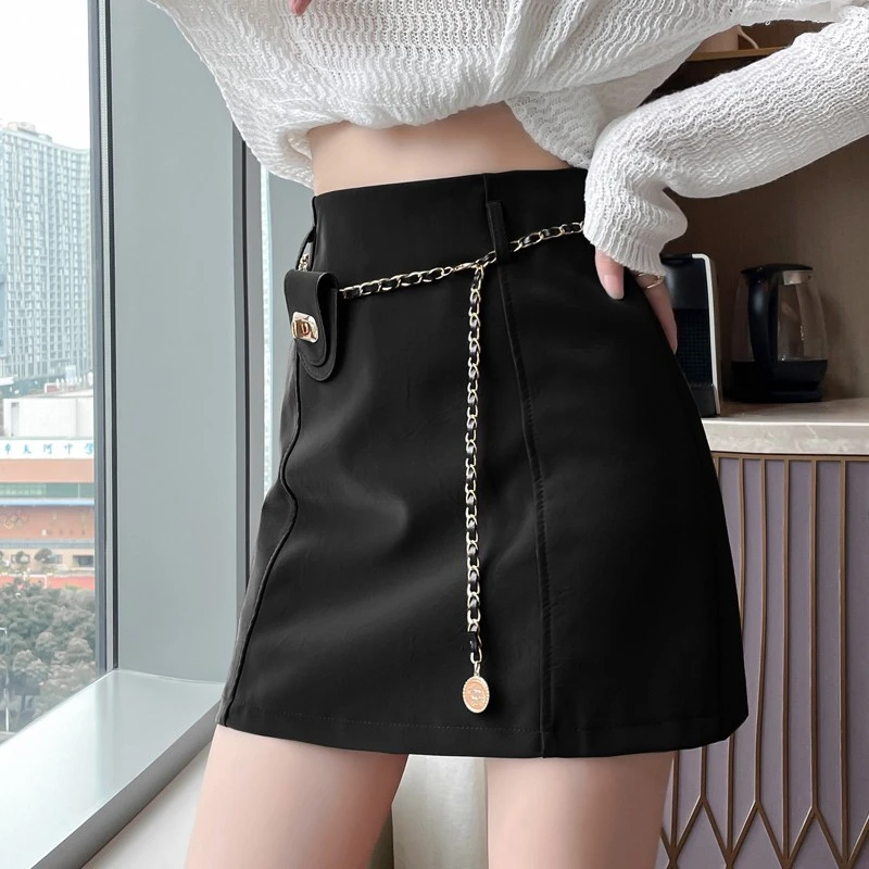 新款纯色短裙防走光半身裙女春季韩版显瘦小个子高腰配腰链西装裙