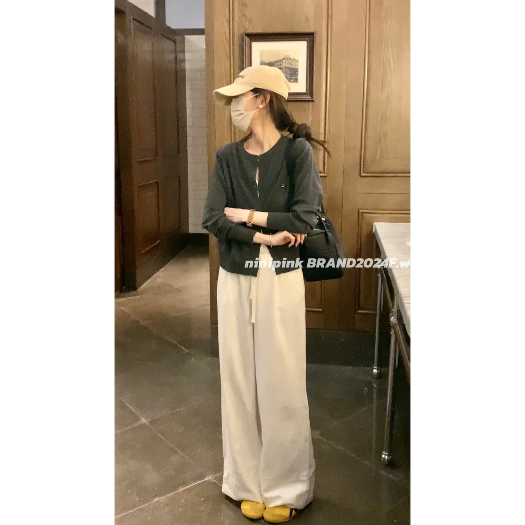 00011庄不腻早秋新【小白】松紧高腰抽绳亚麻裤宽松休闲显瘦阔腿裤