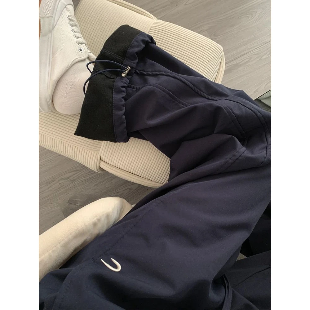 美式高街藏青色工装裤女秋冬2024新款加绒加厚宽松直筒休闲阔腿裤