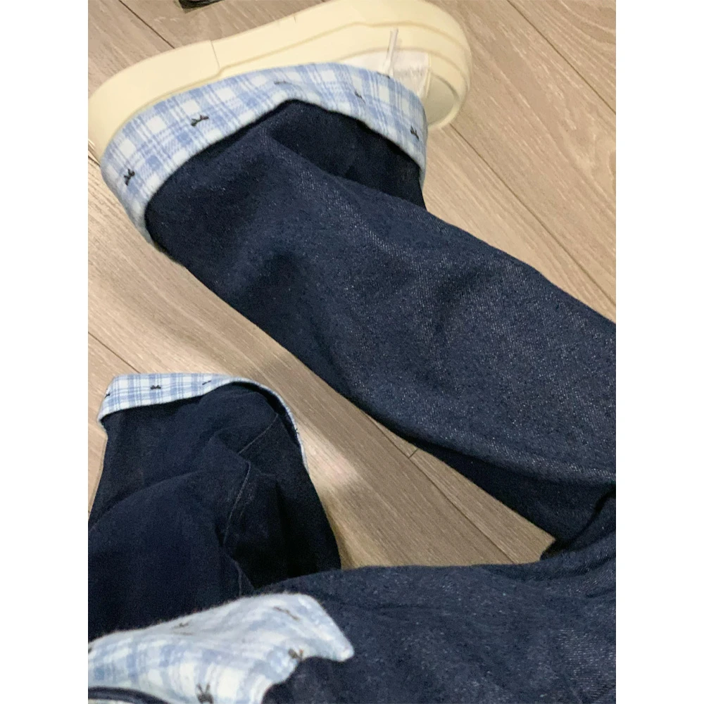 炸街新款格子拼接卷边牛仔裤男女小众复古宽松阔腿直筒长裤子蓝格