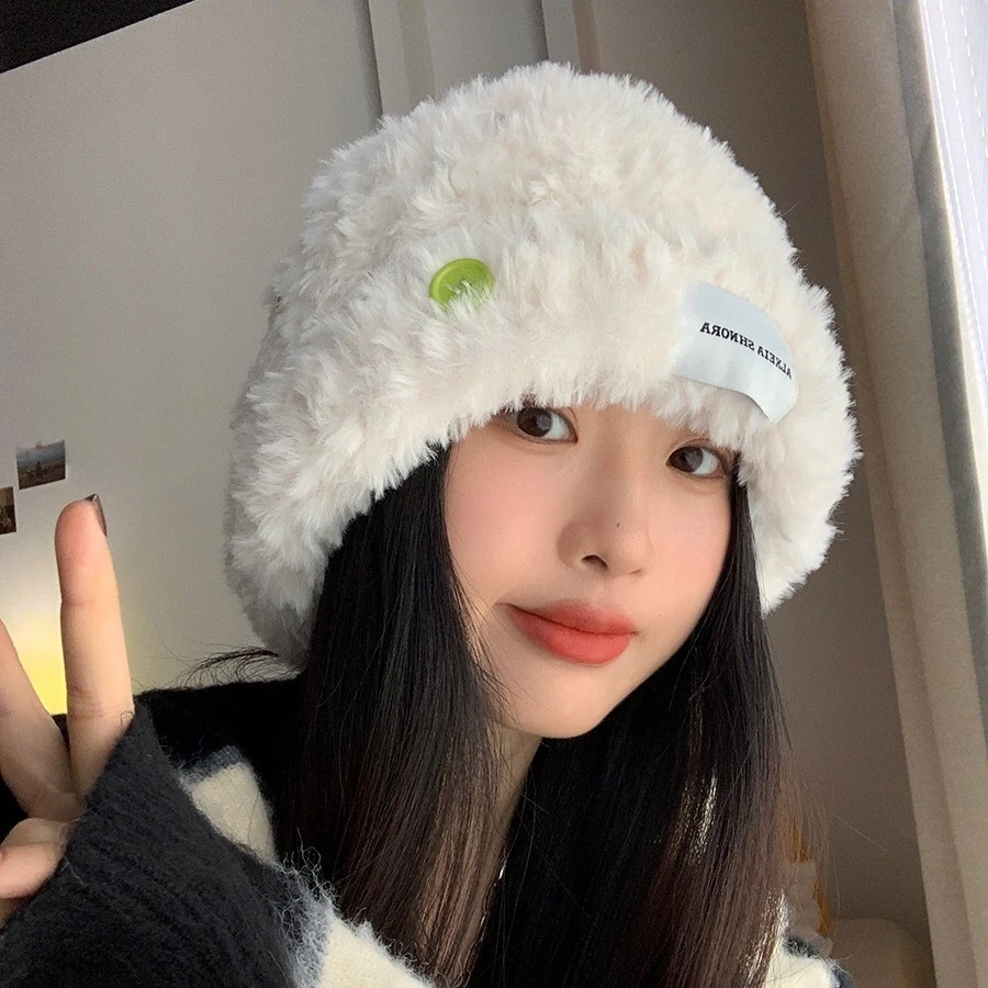 白鹿同款帽秋冬毛绒保暖针织帽女时尚百搭护耳包头帽纽扣帽子冬帽