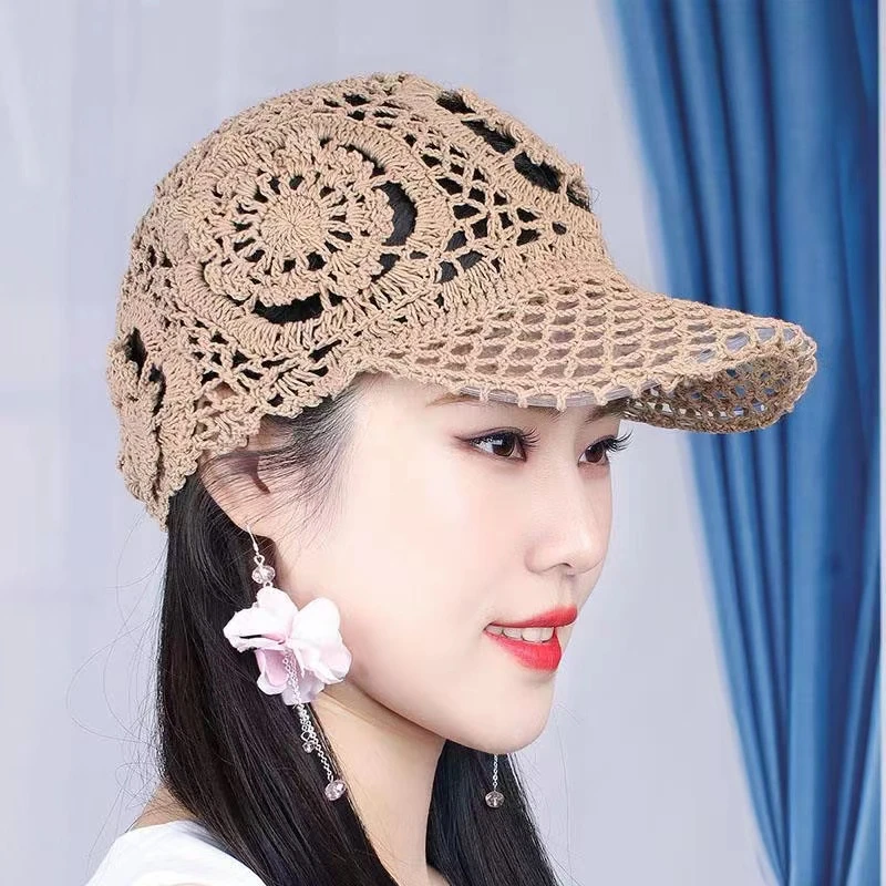 手工编织透气鸭舌帽女复古镂空钩花时髦百搭棒球帽夏季针织遮阳帽