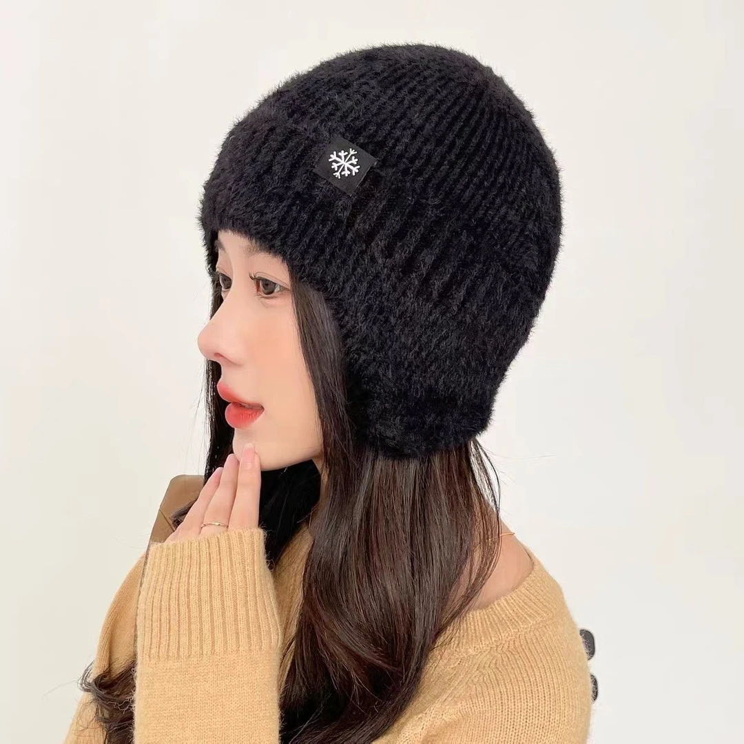 可戴头盔安全帽的冬帽男女百搭护耳保暖毛绒针织帽秋冬套头骑车帽