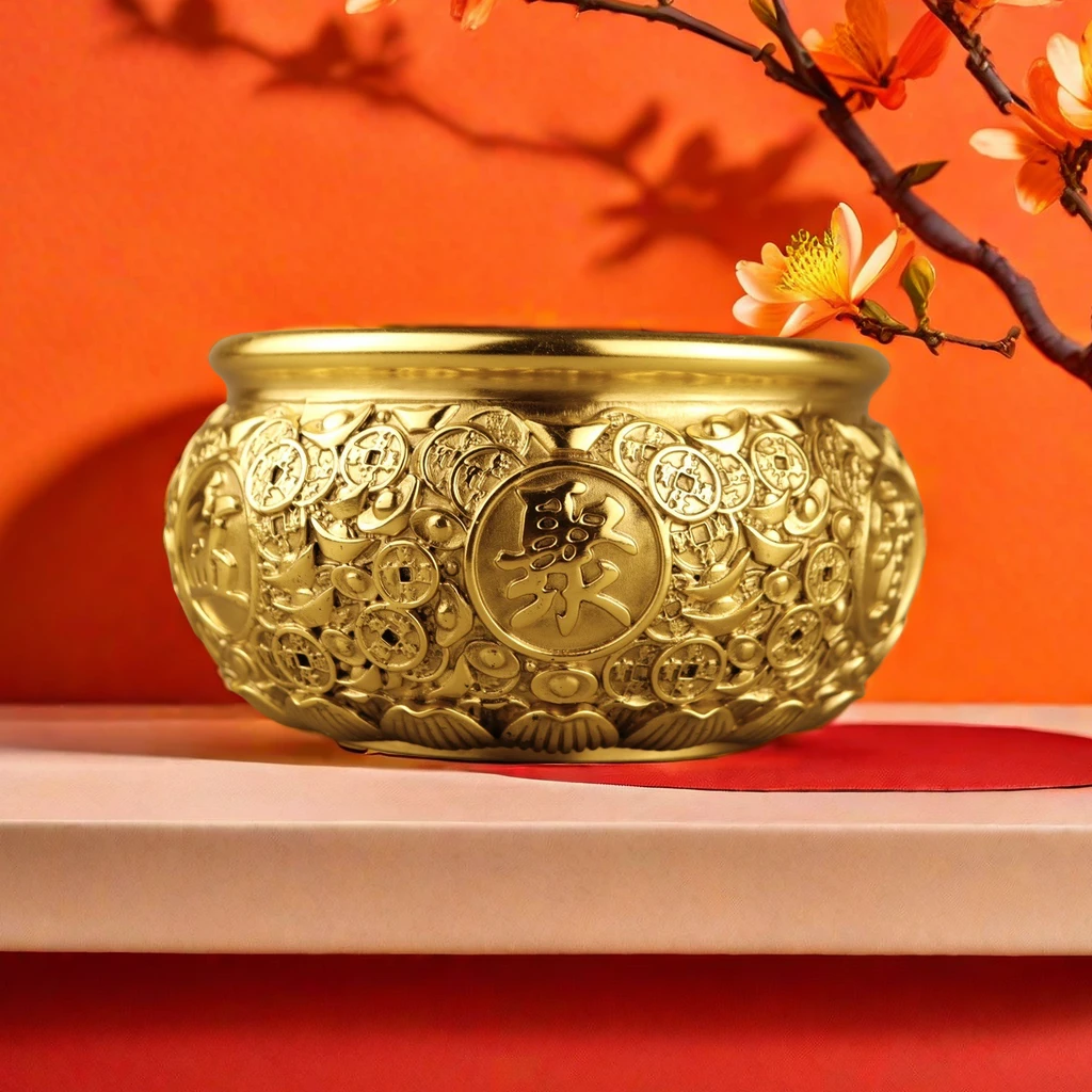 （金币聚宝盆）黄铜招财纳福精雕乔迁开业家居摆件中式