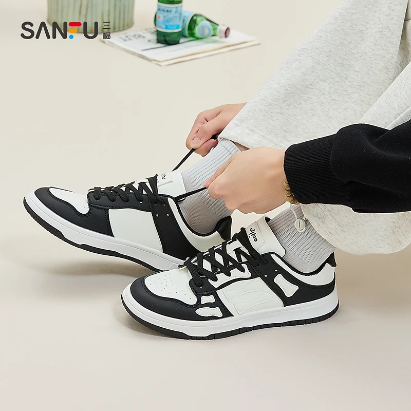 三福低帮板鞋男春季学院风立体鱼骨纹撞色拼接休闲男鞋839910