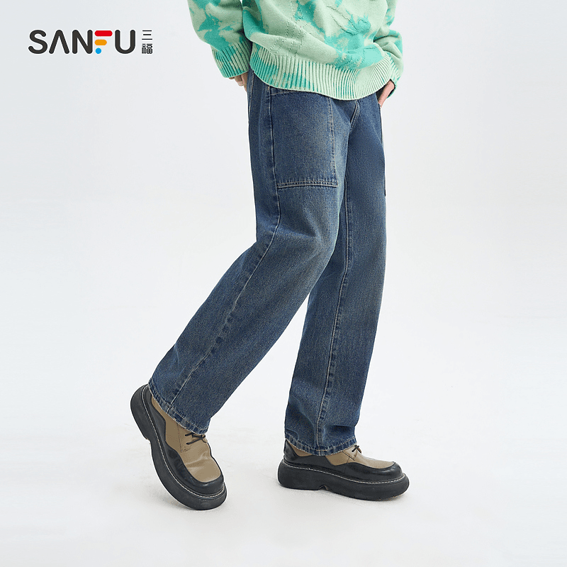三福2024春男士大口袋宽松牛仔裤 复古潮流休闲直筒长裤479152