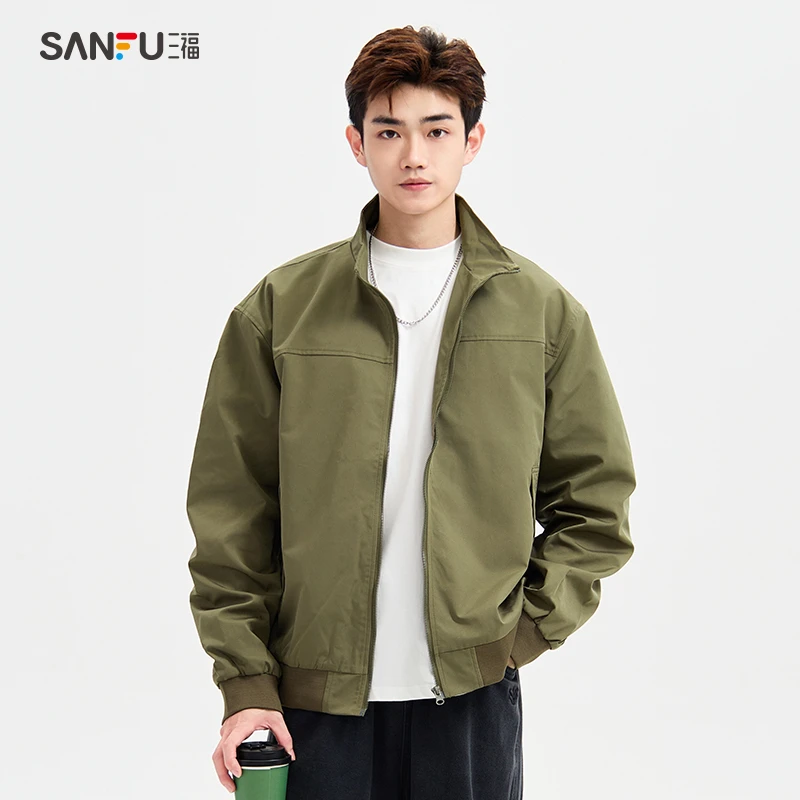 三福2024秋雅丹风新款立领秋季袖子打褶运动风美式休闲外套493087