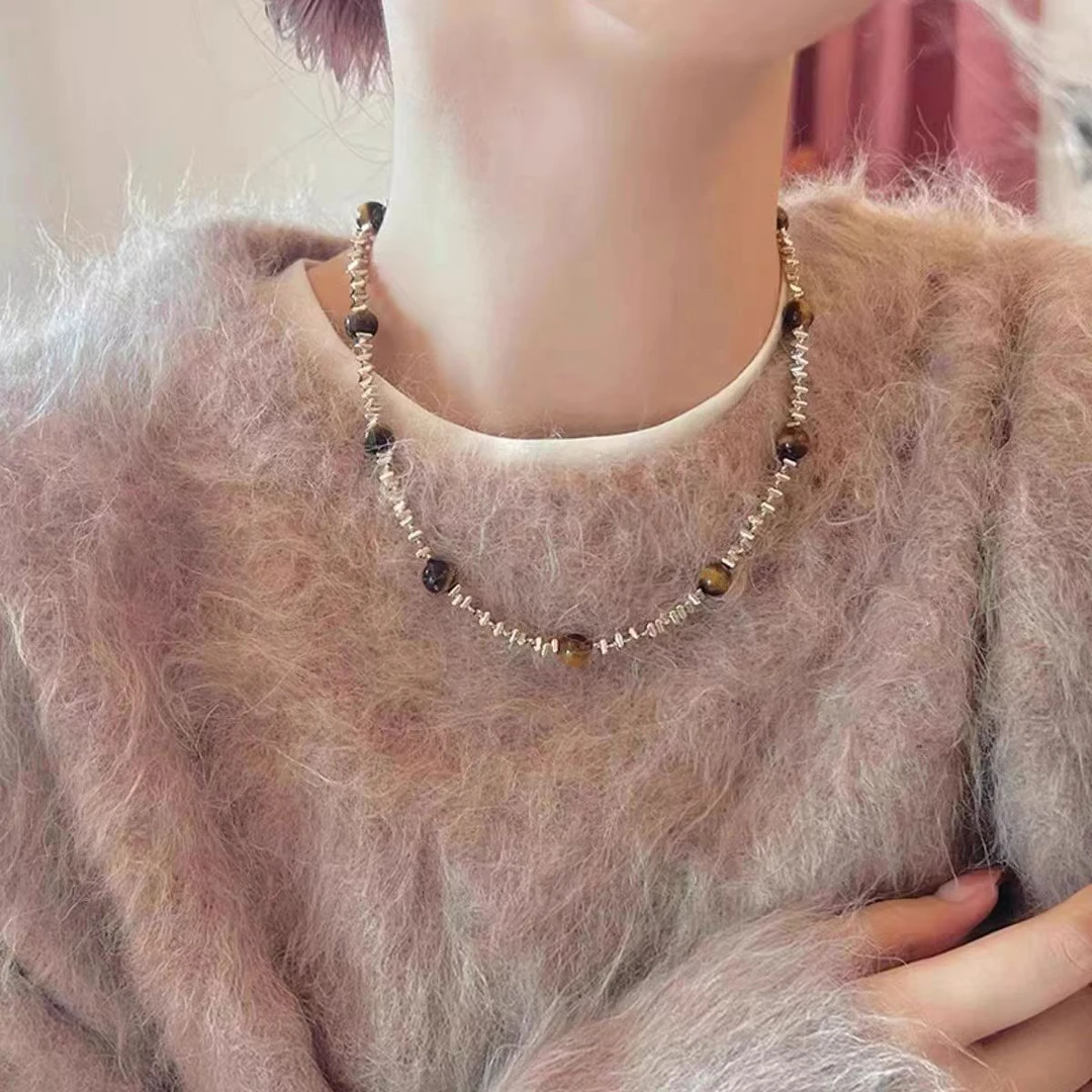 合金仿水晶项链 美拉德色锁骨项链---