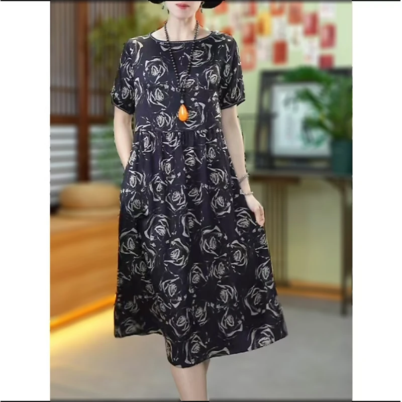 【天雨流芳】连衣裙夏季高级印花气质优雅显瘦中长裙 12116