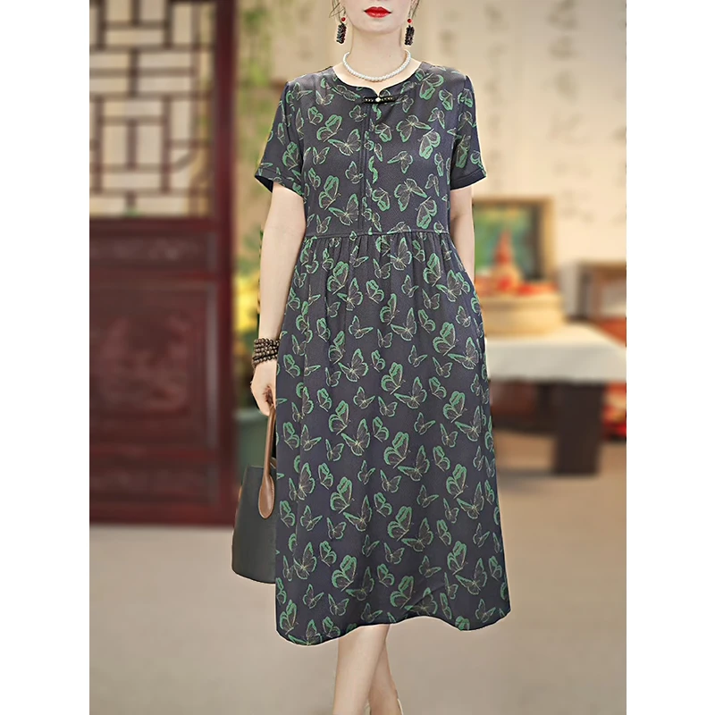 【惊鸿艳影】24新款桑蚕丝连衣裙中老年夏季时尚重磅中长裙12355