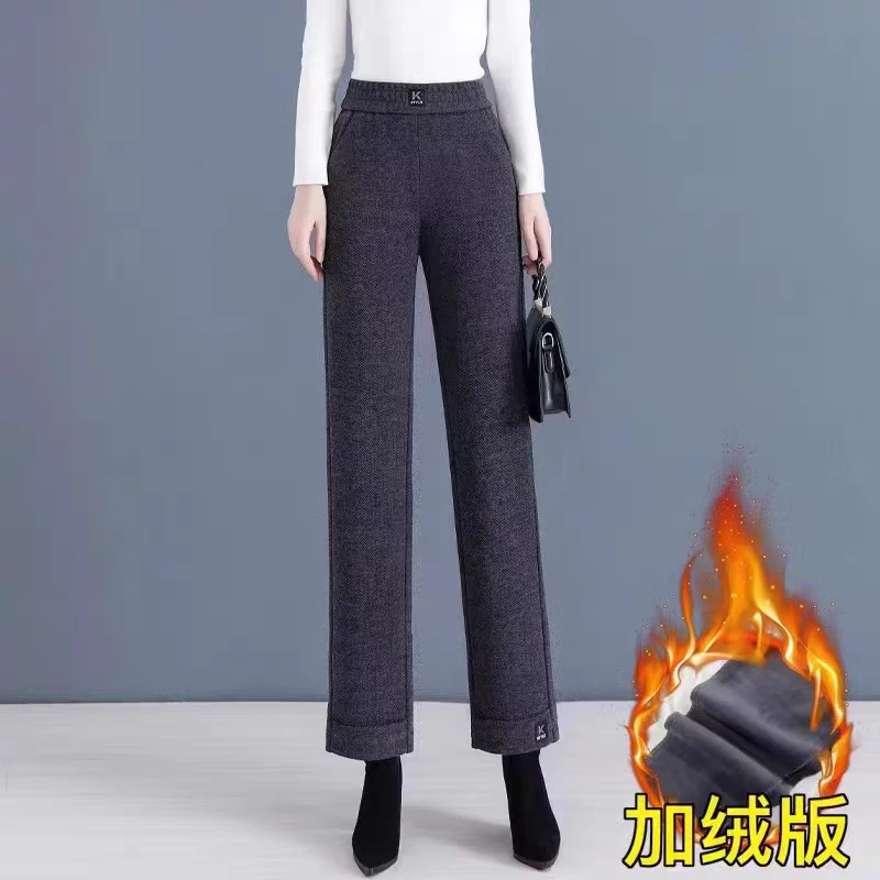 人字纹毛呢九分直筒裤宽松高腰垂感松紧腰显瘦女裤百搭休闲