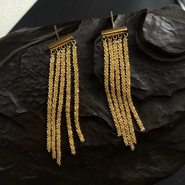 925银耳饰 法式爆闪星星流苏小众金色欧美长款耳环05241153轻奢