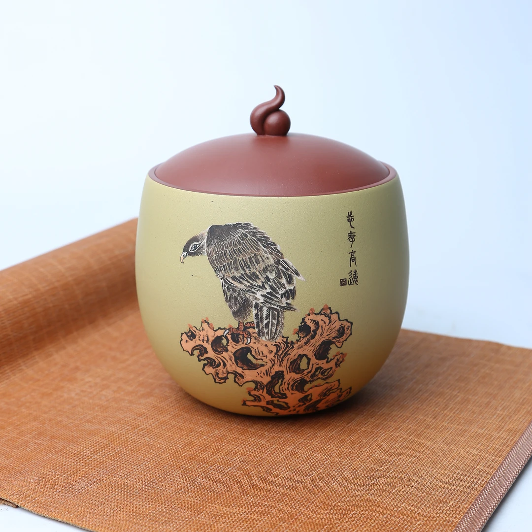 关006 泥绘彩绘底槽清粉本绿宜兴紫砂精品实用高档家用储存茶叶罐