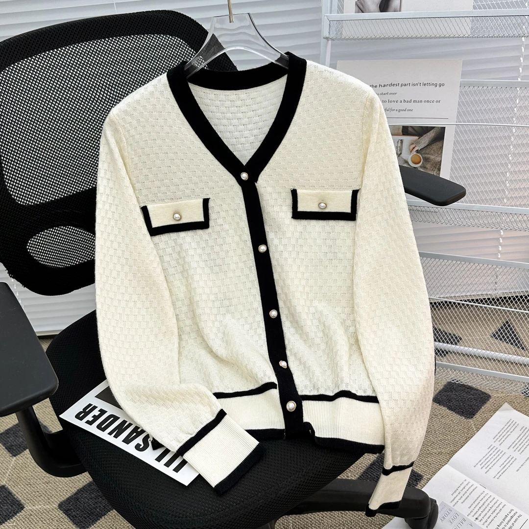 小香风针织衫女春秋长袖上衣洋气时髦撞色V领套头针织衫