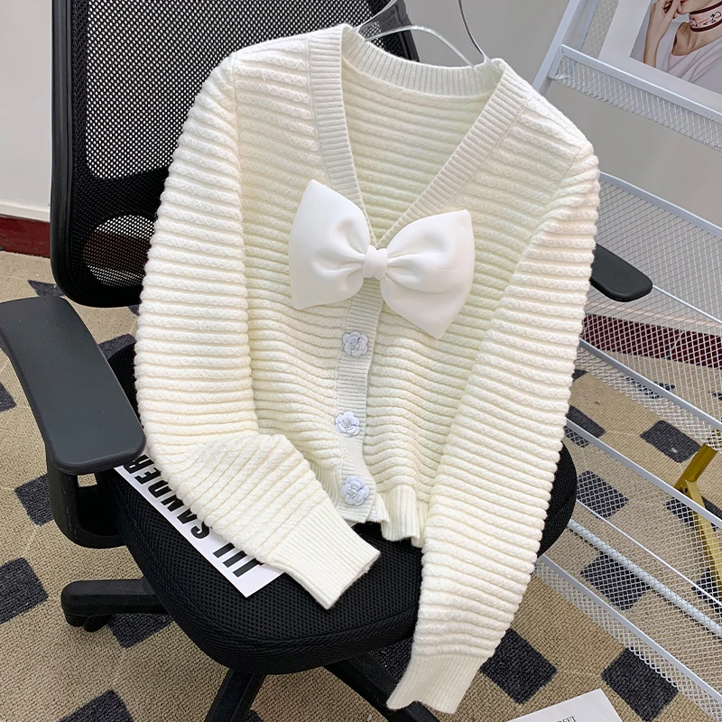 小香风撞色蝴蝶结开衫外套2024年秋冬新款气质名媛千金风百搭外套