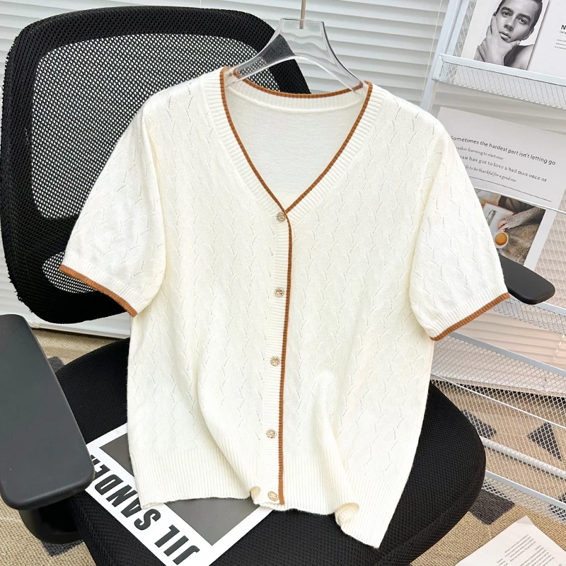2024夏季新款V领针织衫短袖女士套头镂空洋气显瘦宽松薄款上衣女