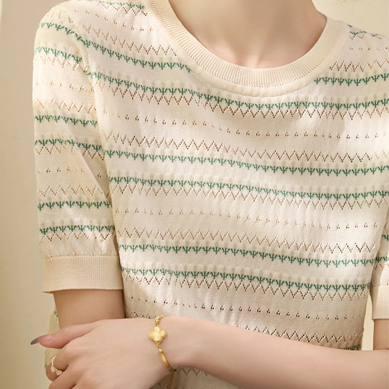 夏季透气提花挑孔条纹冰丝毛针织衫薄款时尚百搭圆领短袖上衣t恤