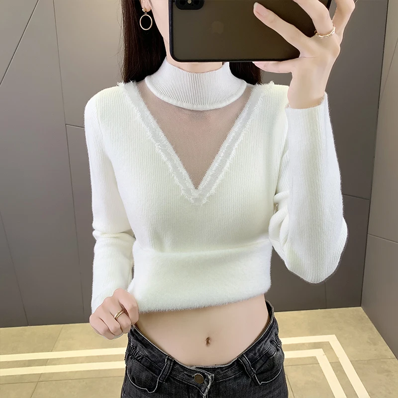 半高领保暖加绒2023新款女网红爆款洋气秋冬百搭毛衣长袖针织蕾丝
