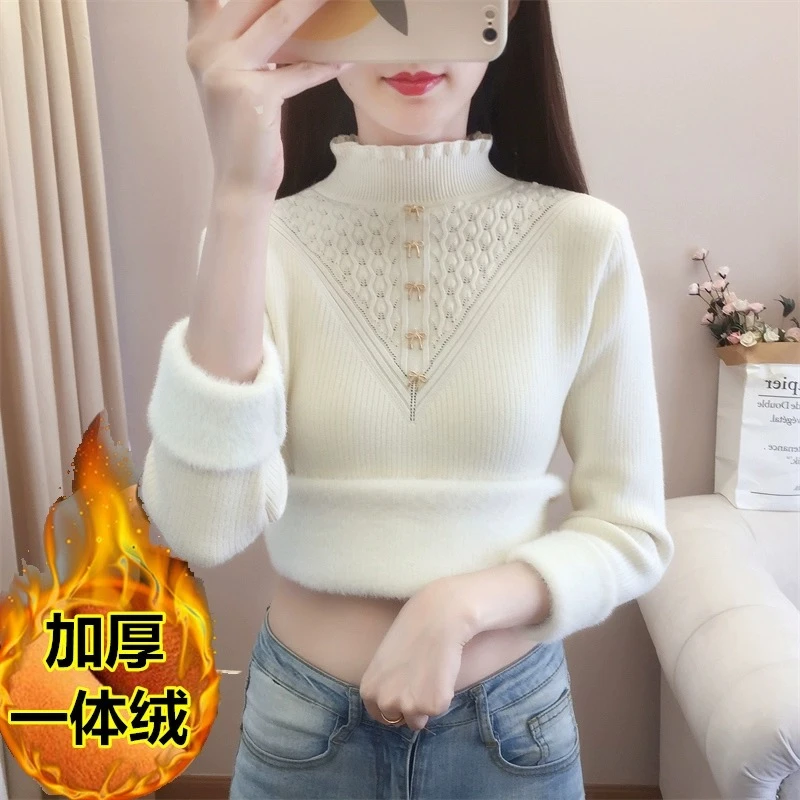 加绒加厚一体绒毛衣女爆款内搭秋冬半高领套头打底衫洋气保暖上衣
