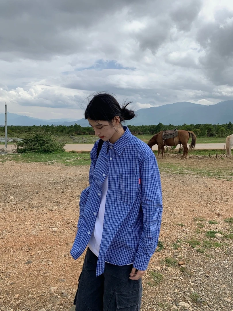 美式复古蓝色格子衬衫春秋薄款宽松女衬衣polo领长袖上衣外套潮