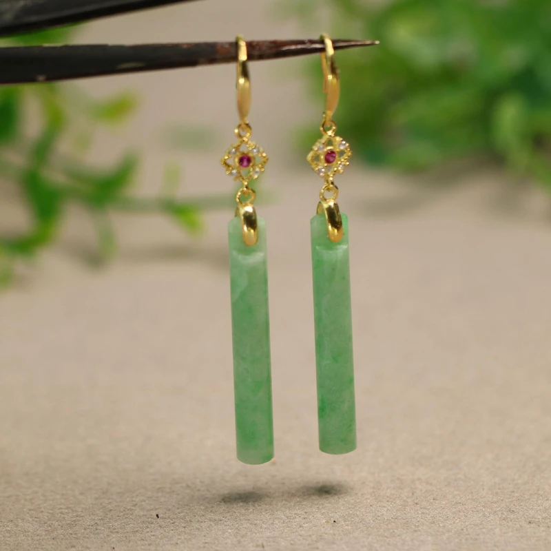 #E647一对S925银镀金镶嵌冰濡种绿色天然A货翡翠翎管耳坠 耳钩款