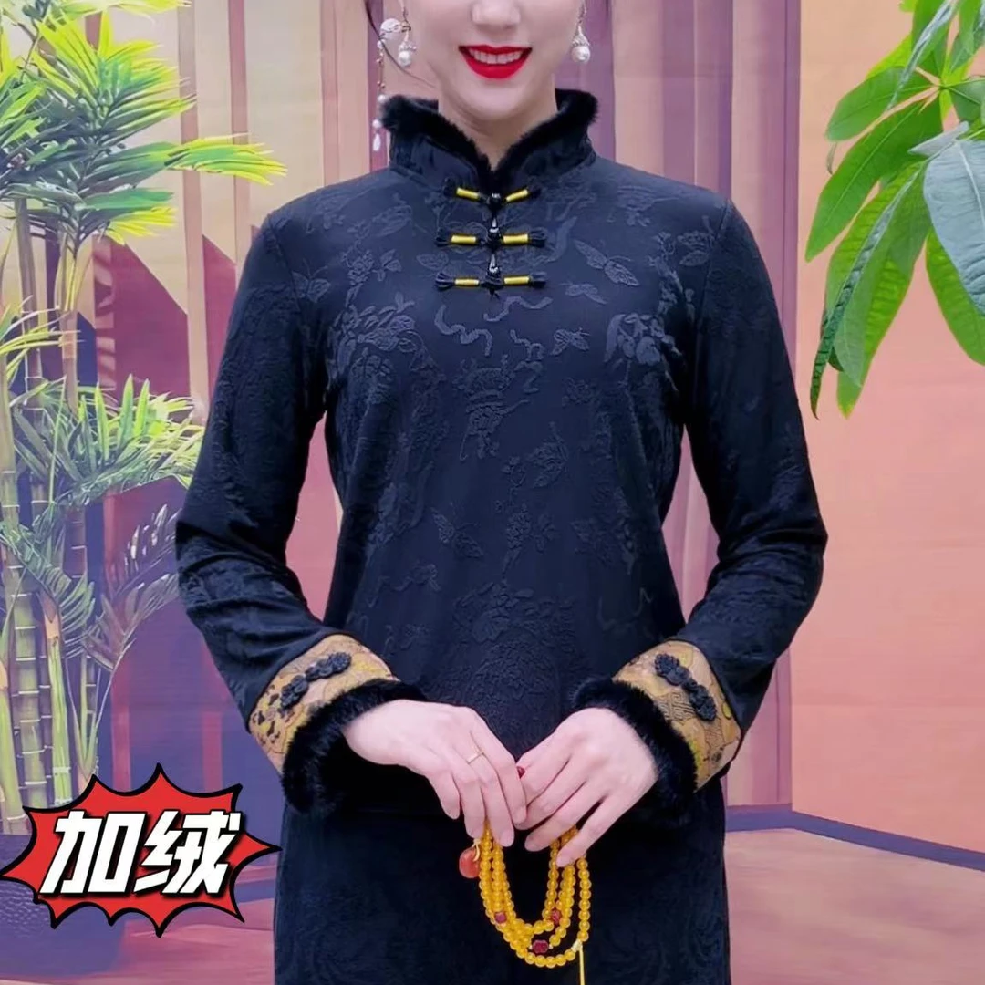 886款国风提花复古加绒旗袍衫