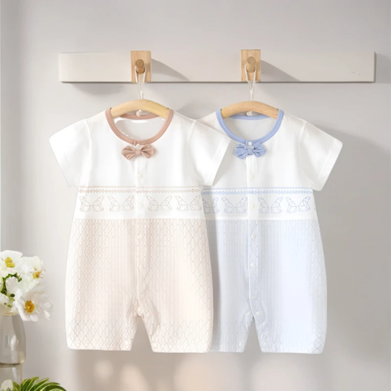 泡泡雨a类无骨新疆棉婴幼儿小绅士风半袖男女童婴儿衣服宝宝短爬