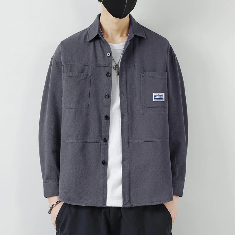 棉质长袖衬衫男士春秋新款潮流宽松工装水洗衬衣青年时尚百搭外套