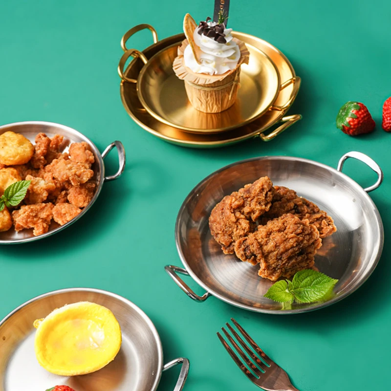 韩式304不锈钢双耳圆形小吃盘餐厅沙拉盘凉菜糖果盘零食甜品托盘