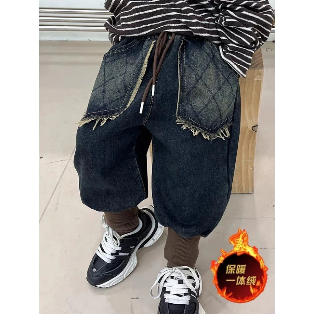 男童加绒牛仔裤冬季新款中小童韩版一体绒束脚裤儿童洋气保暖裤潮