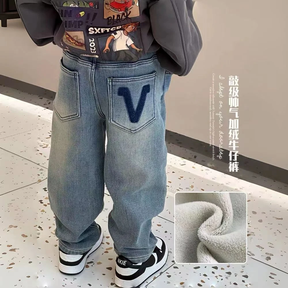 男童加绒牛仔裤2023冬季加厚韩版新款休闲一体绒长裤中大童裤子潮
