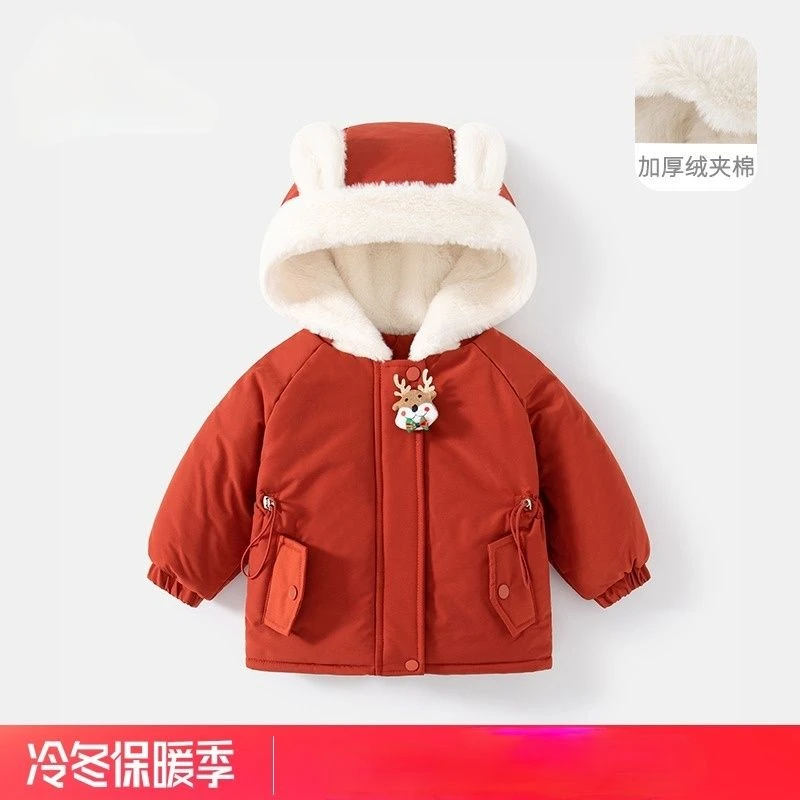 儿童棉衣外套冬装洋气女童加绒厚夹棉连帽棉衣棉袄女童拜年服清仓